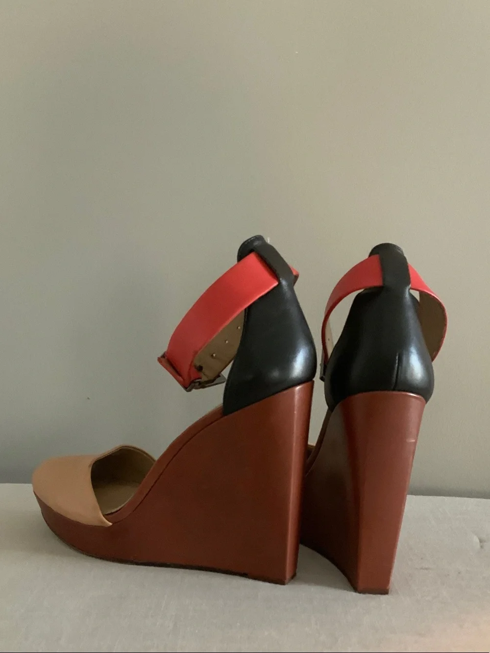 BCBGMaxAzria Coral and Tan Platform Ankle-Strap Heels